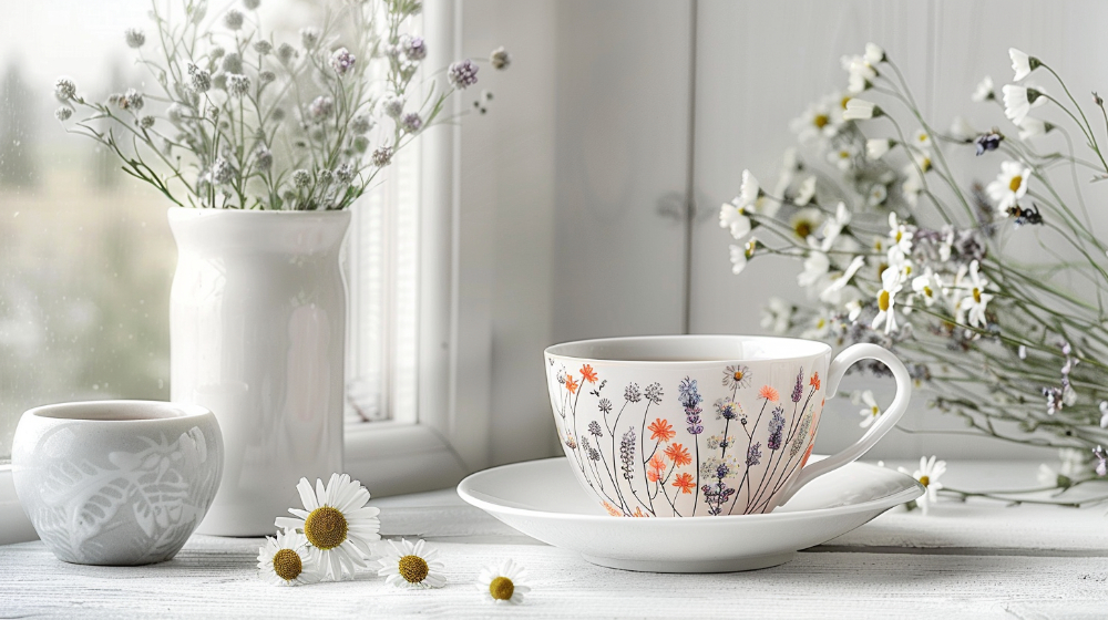 Floral teacup and saucer with wildflowers by a window, surrounded by white vases and daisies.