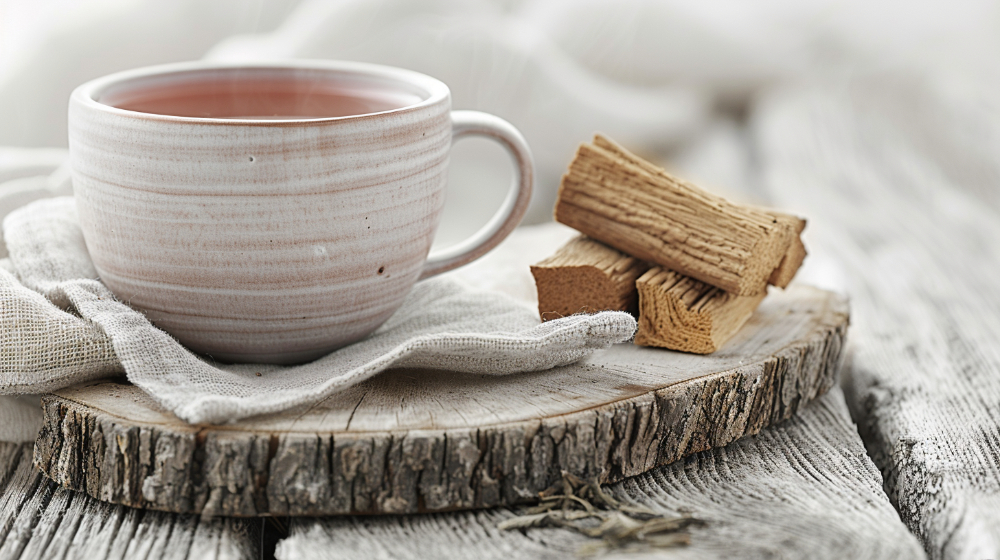 Ceramic cup of tea on rustic wood with licorice sticks nearby.