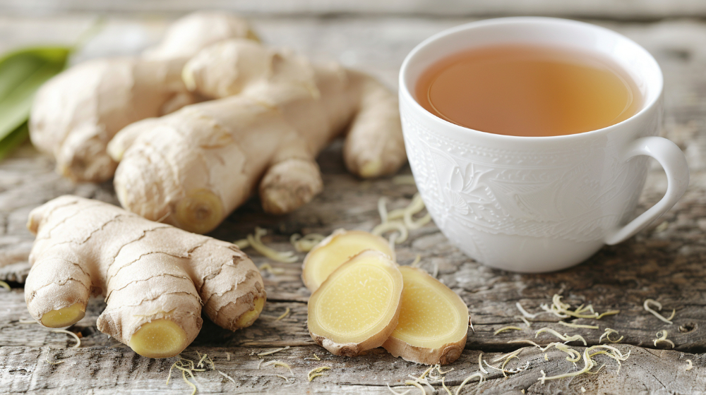 White cup of ginger tea with fresh ginger roots and slices on a wooden table.