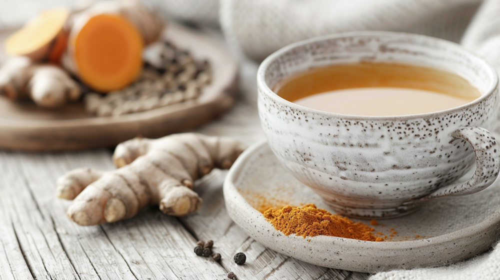 Speckled cup of turmeric tea with ginger roots and turmeric powder on a wooden table.