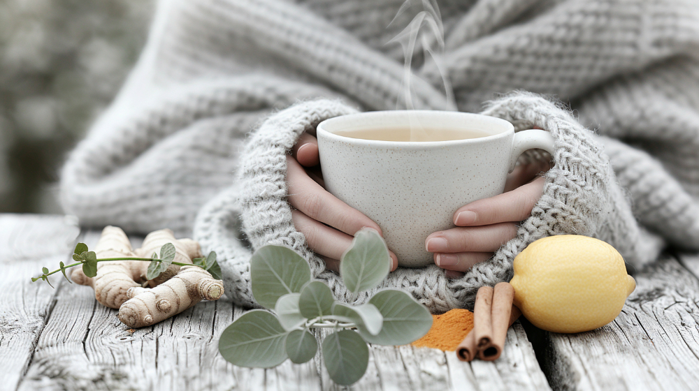 Hands holding a steaming cup of tea, surrounded by ginger, lemon, cinnamon, and herbs on a wooden table.