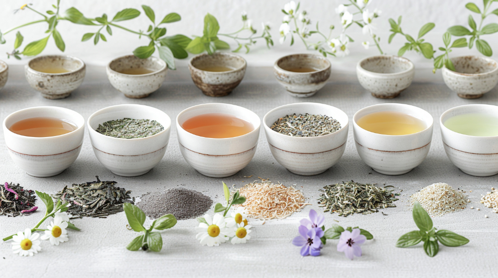 Assorted herbal teas in cups with dried herbs and fresh flowers on a white surface.