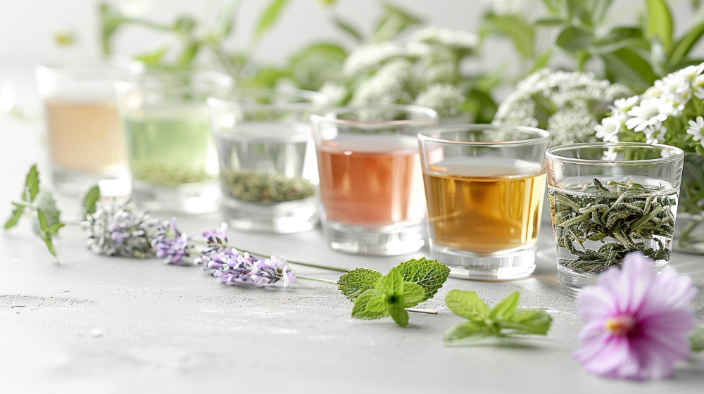 Assorted herbal teas in glasses with fresh herbs and flowers.