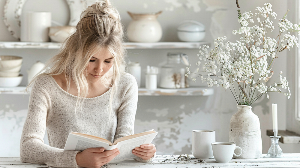 Woman reading a book at a table with white flowers and mugs in a cozy, neutral-toned room.