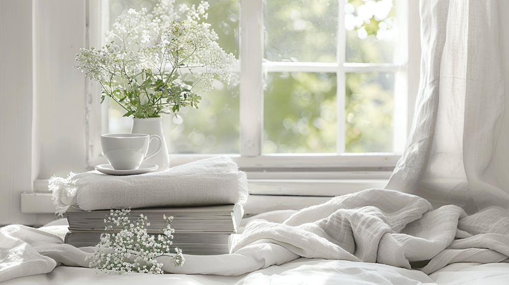 Cozy window nook with books, white flowers, and a teacup on a sunny day.