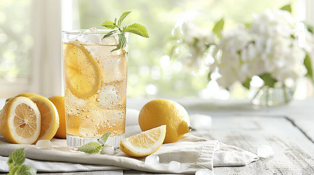Iced tea with lemon slices and mint on a wooden table, flowers in the background.