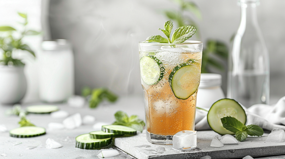 Iced tea with cucumber slices and mint leaves on a tray with ice cubes.