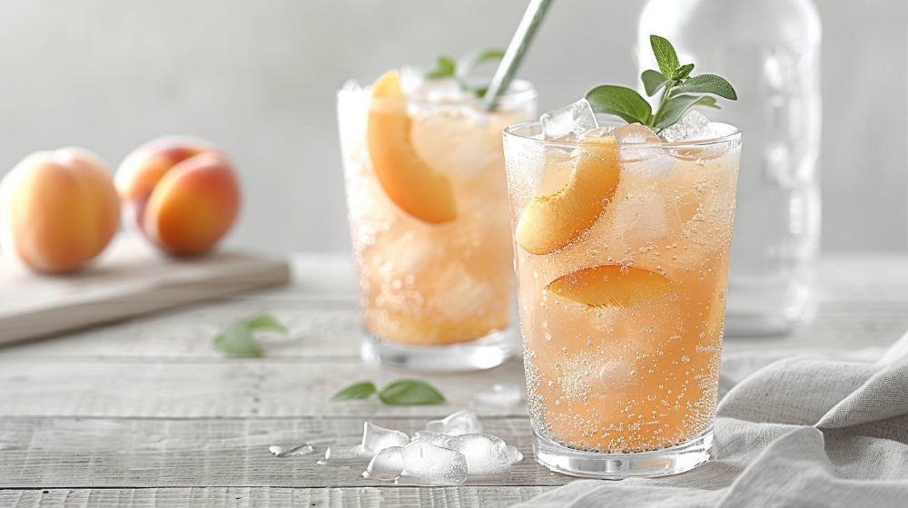 Peach iced tea with ice cubes and fresh mint in clear glasses on a wooden table.