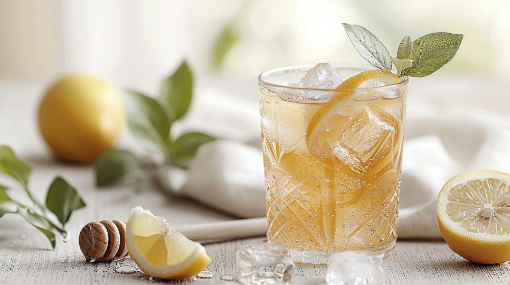 Iced lemon honey tea with ice cubes, surrounded by fresh lemons and leaves.