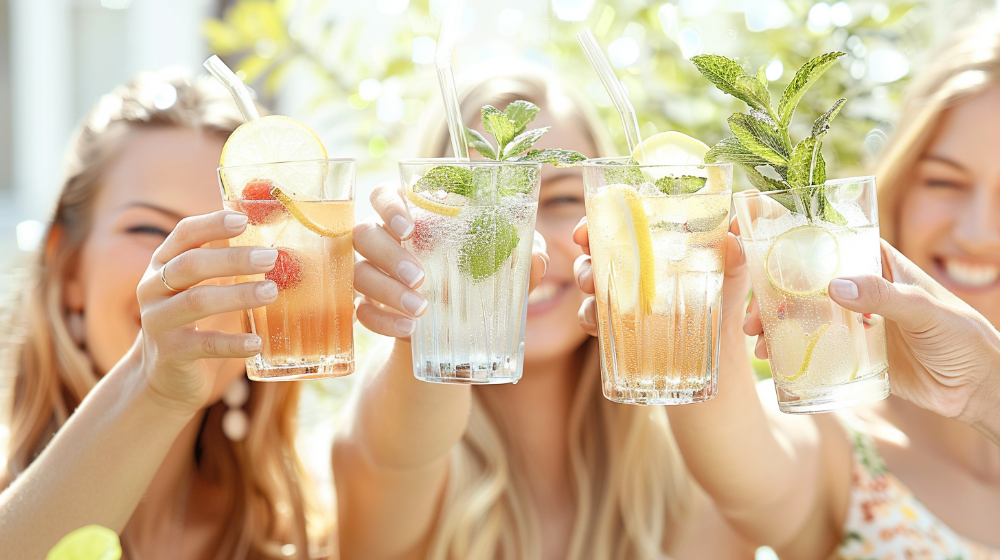 People toasting with refreshing iced tea and lemonade garnished with mint and lemon slices.