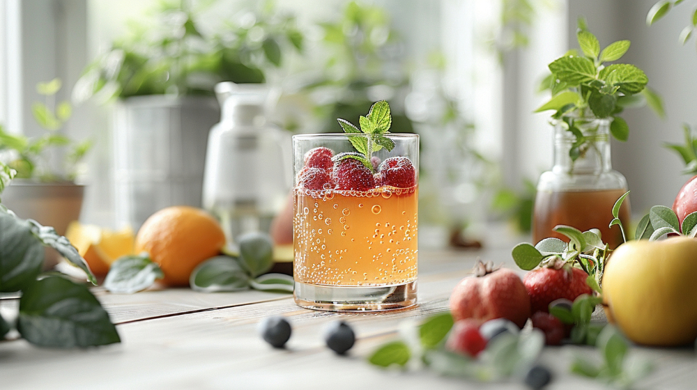 Sparkling tea with raspberries and mint, surrounded by fresh fruits and herbs.