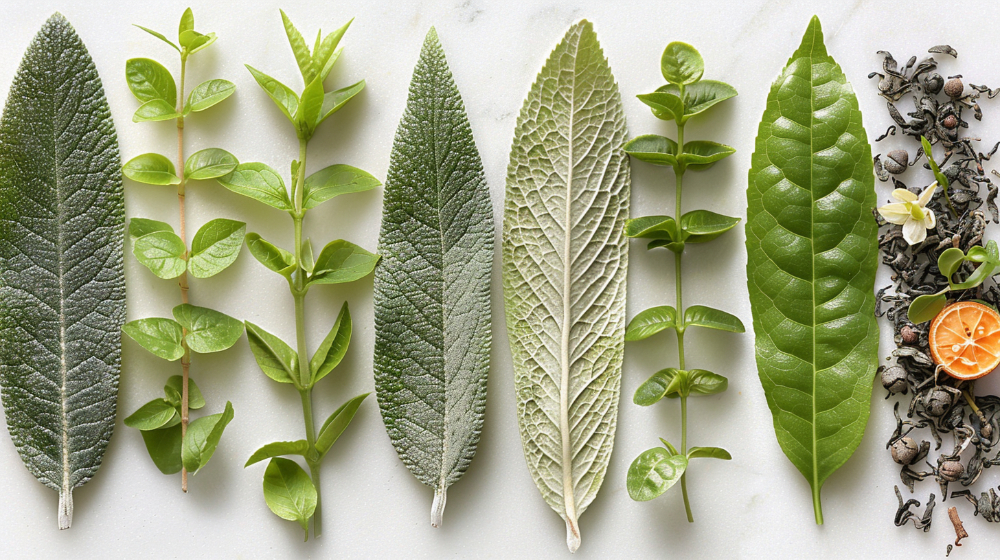 Various green leaves and dried tea ingredients on a white background.