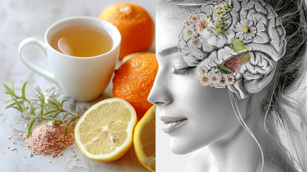 Cup of tea with citrus fruits and herbs beside a woman's profile with floral brain illustration.