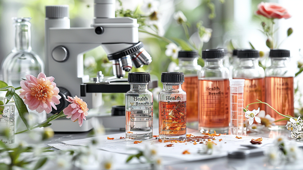 Microscope with herbal extracts in bottles, surrounded by flowers and leaves.