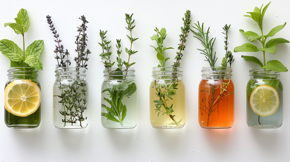 Herbs and lemon slices in jars of infused water against a white background.