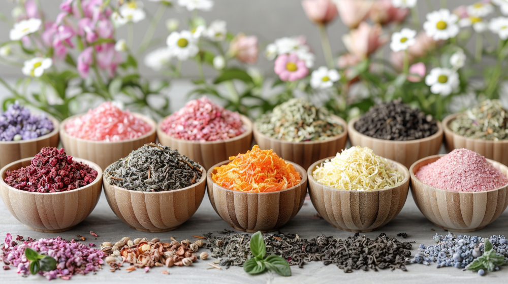Assorted dried herbs and flowers in wooden bowls, with colorful blooms in the background.