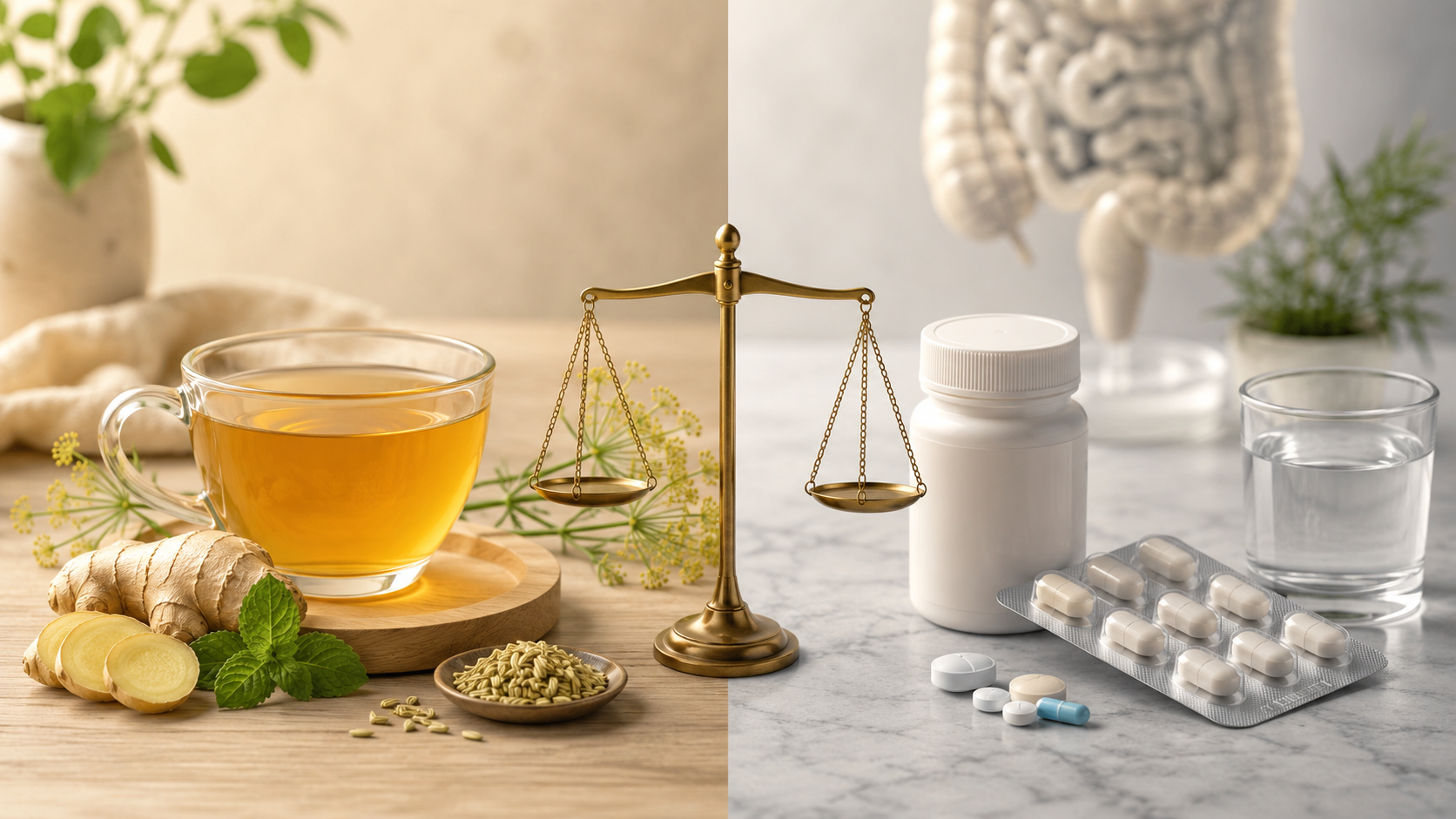 Herbal tea with ginger and fennel beside scales, contrasted with pills and supplements.