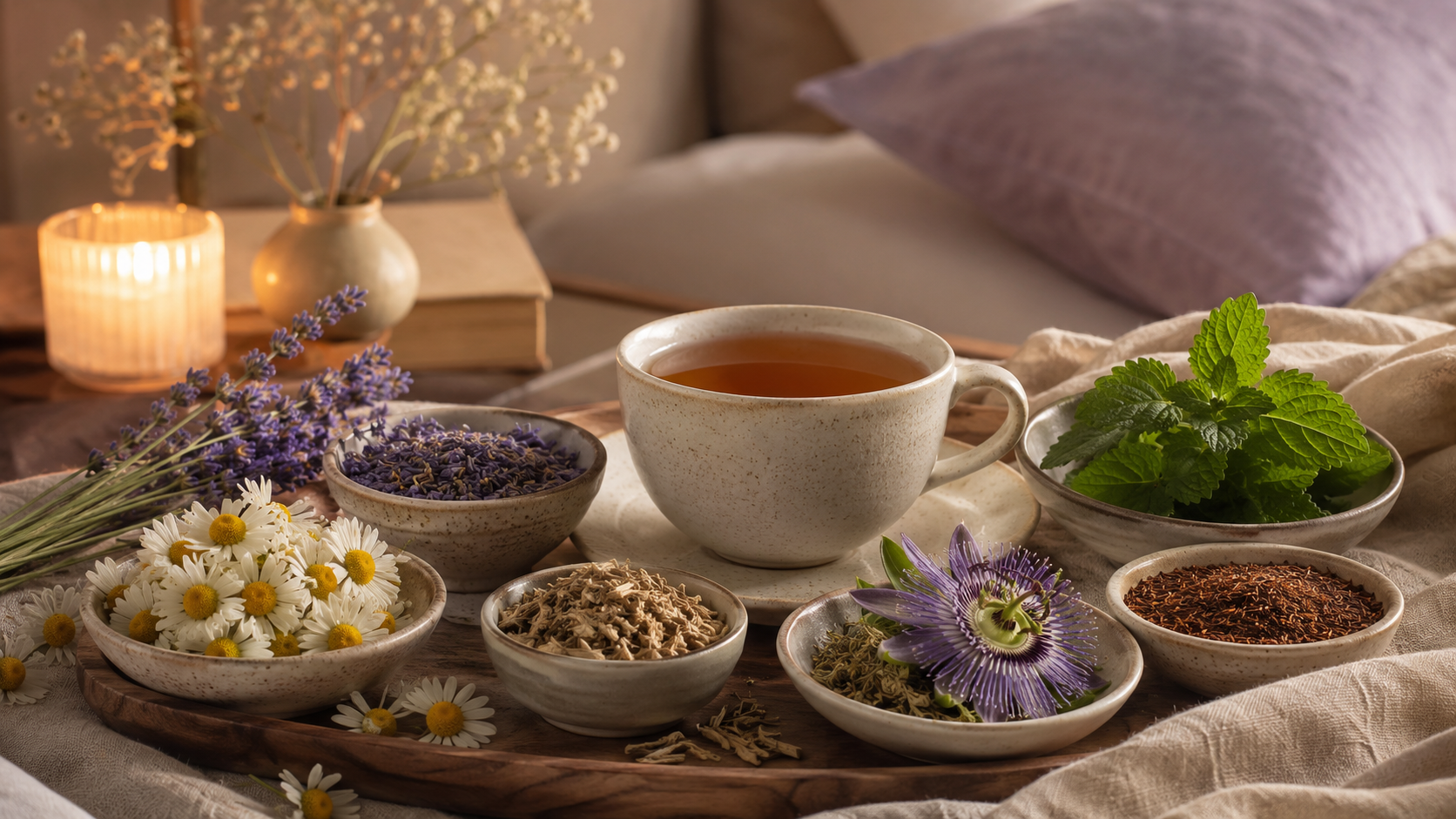 Cozy setting with herbal tea, surrounded by chamomile, lavender, mint, and passionflower.