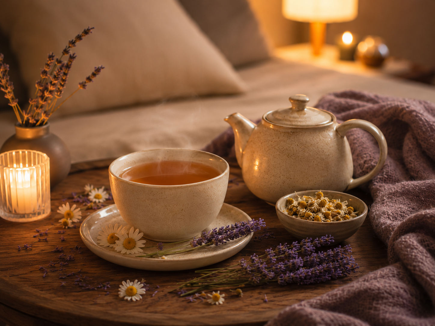 Cozy setting with a steaming cup of tea, teapot, lavender, chamomile, and a lit candle.