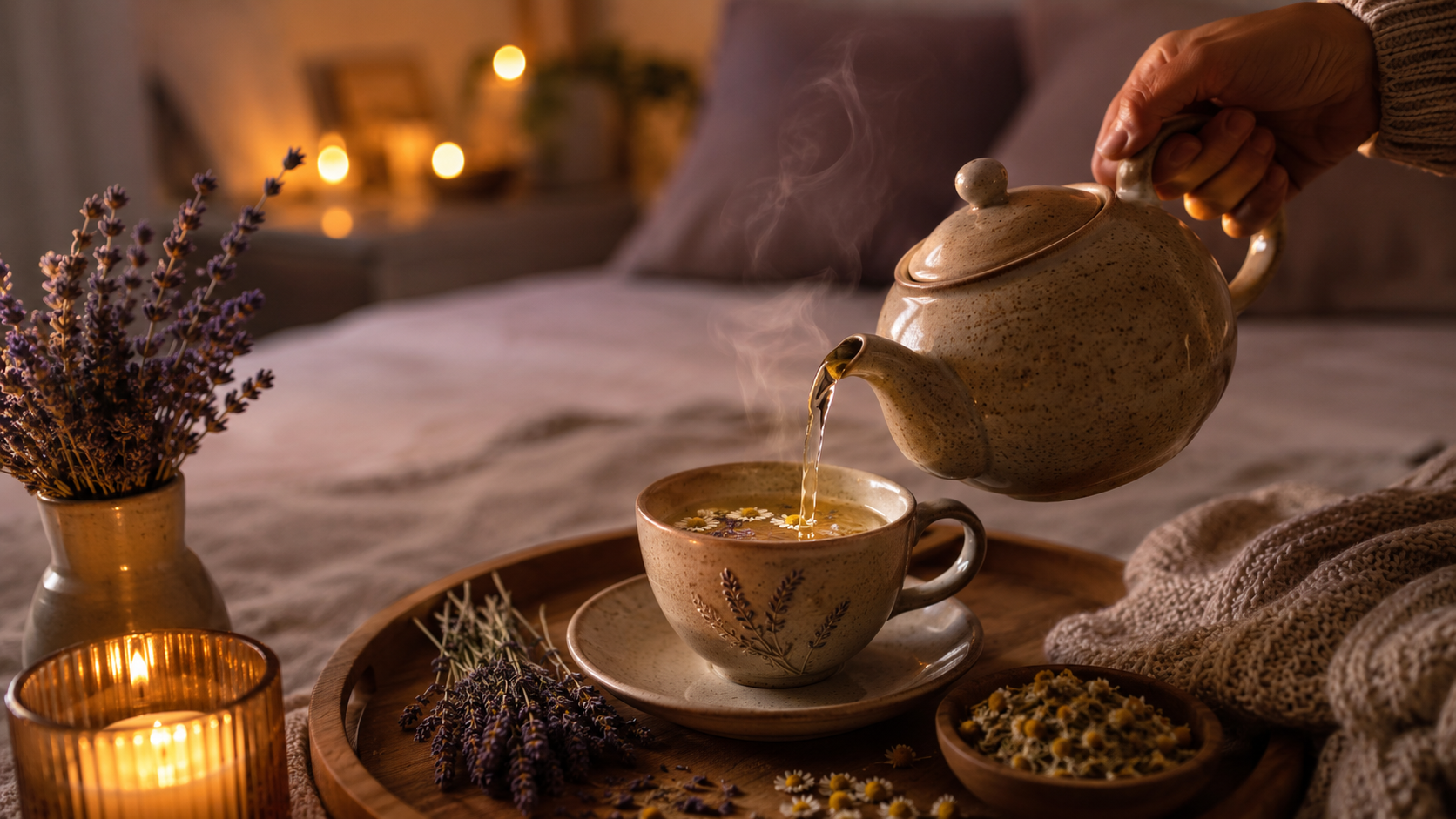 Pouring tea into a cup on a tray with lavender, chamomile, and candles in a cozy setting.