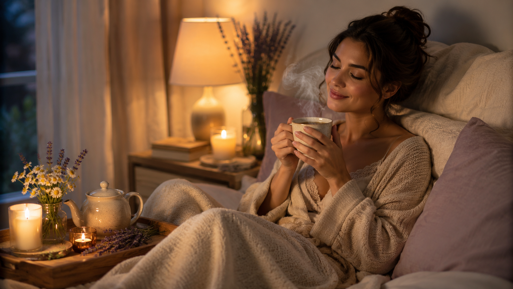 Woman relaxing in bed with a cup of tea, surrounded by candles and lavender.