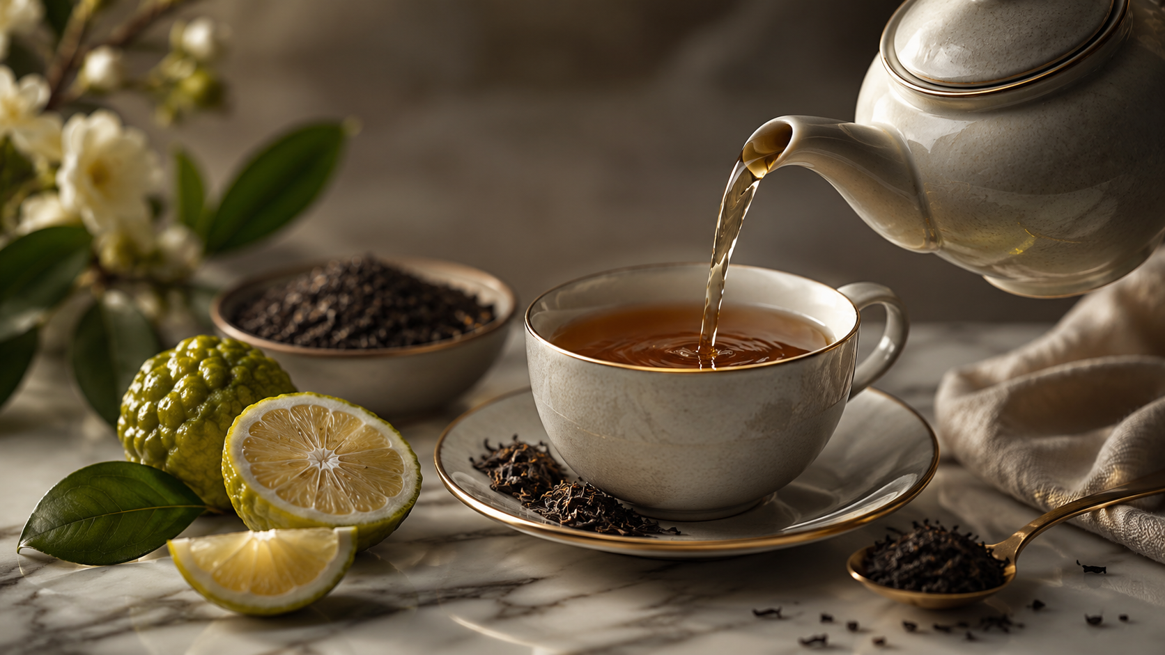 Tea being poured into a cup with lemon slices, tea leaves, and flowers on a marble surface.