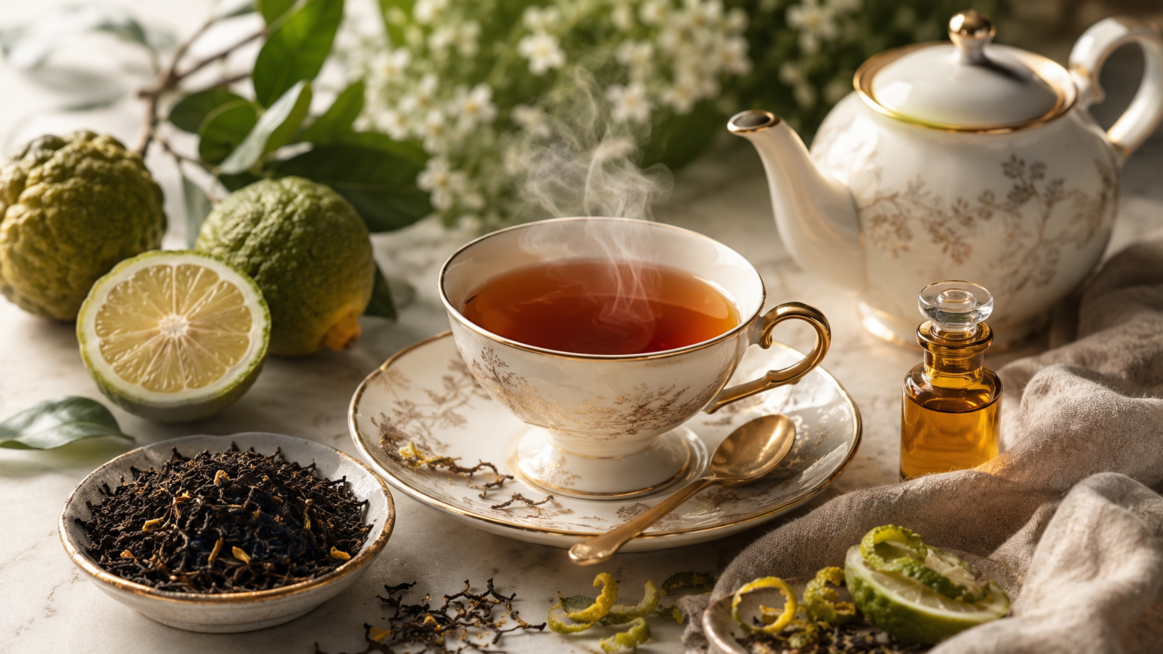 Steaming cup of tea in a floral teacup, surrounded by a teapot, bergamot, loose tea leaves, and a small bottle of oil.