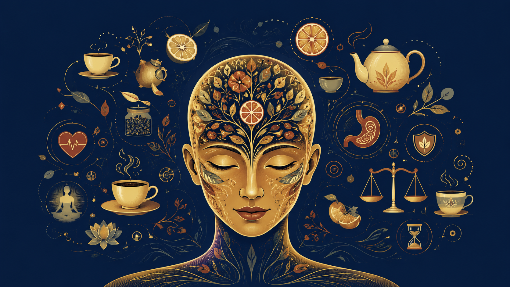 Woman with floral face art surrounded by tea cups, teapot, citrus slices, and wellness symbols on a dark background.