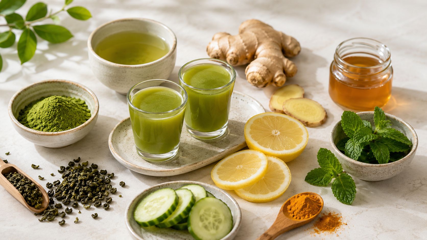 Green tea shots with lemon, cucumber, ginger, honey, mint, matcha, and turmeric on a white surface.