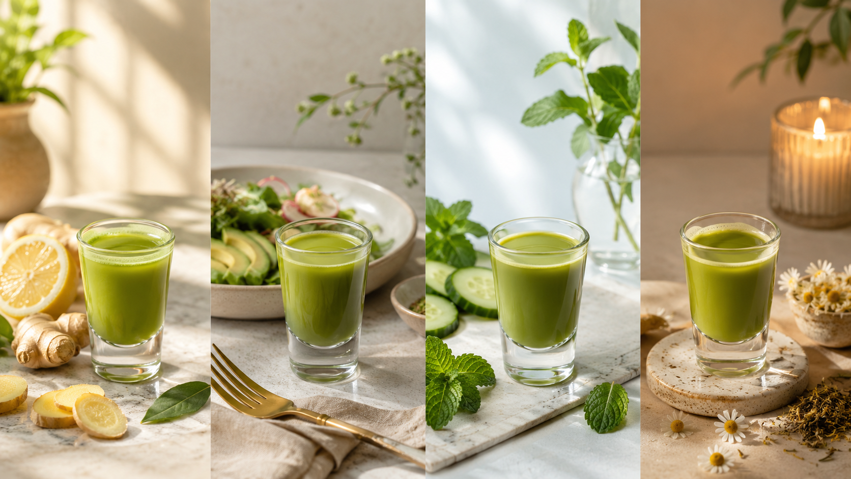 Four glasses of green juice with lemon, salad, cucumber, and chamomile settings.