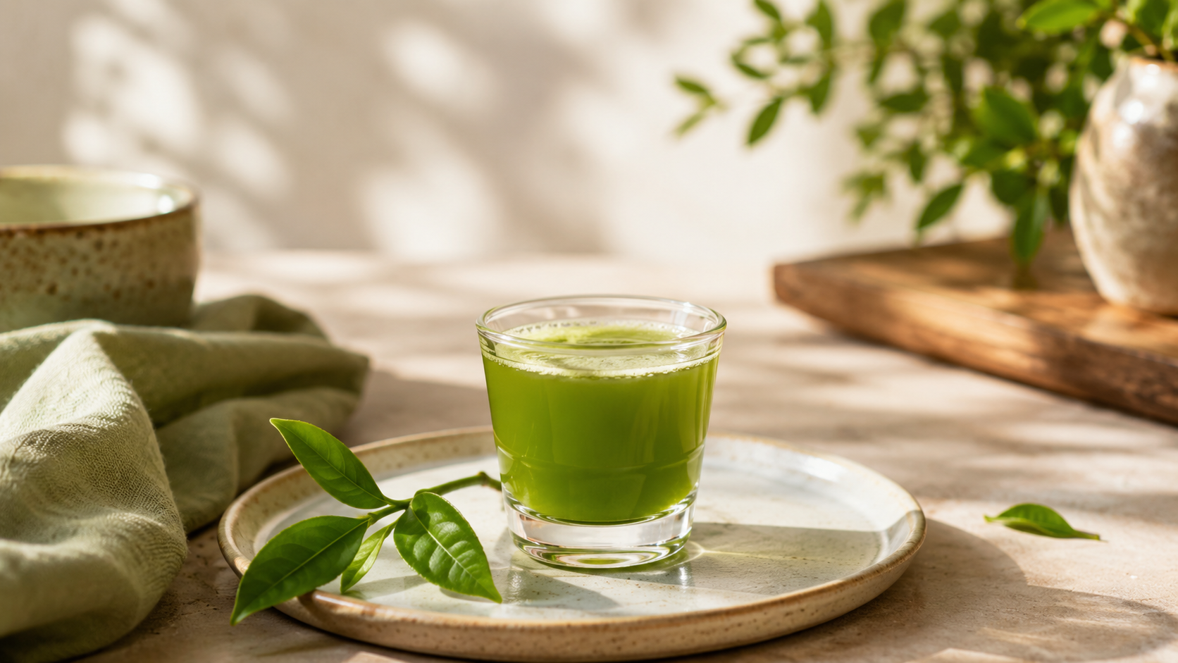 Glass of green matcha tea on a plate with tea leaves, sunlight casting shadows.