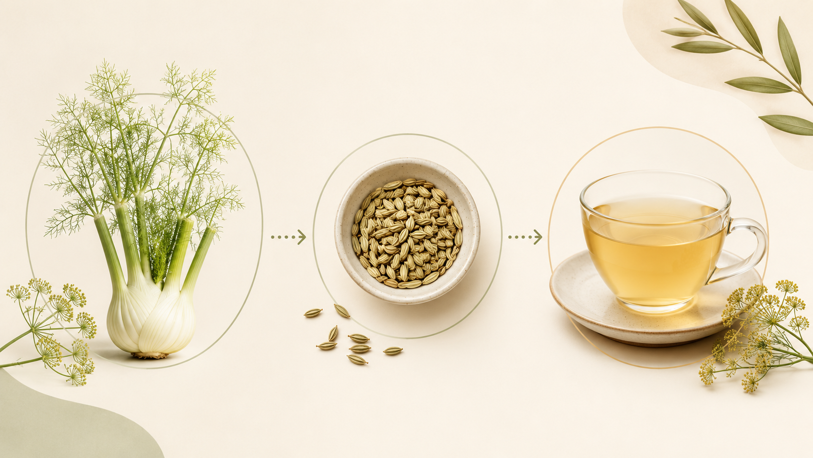 Fennel plant, seeds, and a cup of fennel tea with leaves on a beige background.