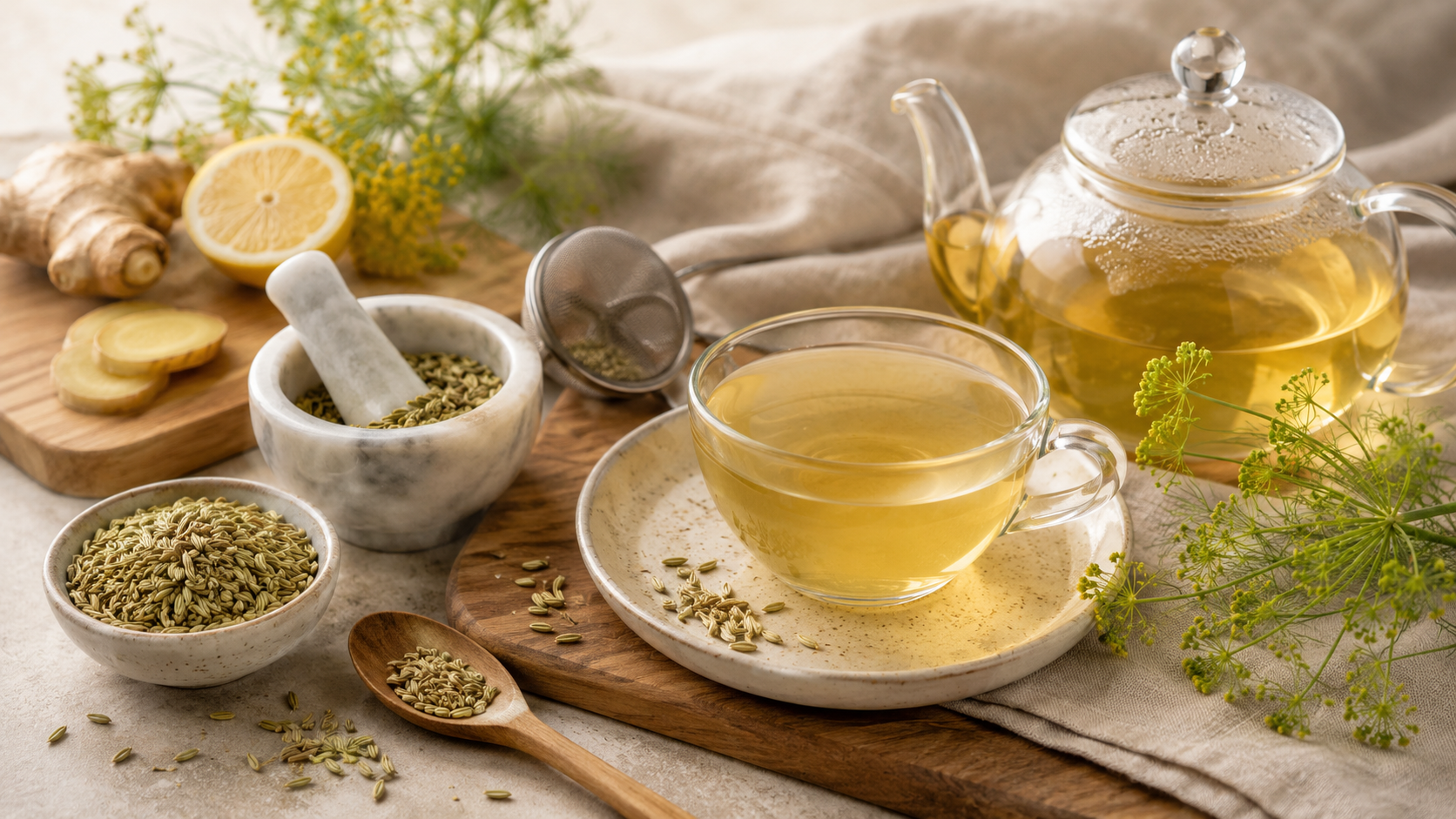Herbal tea with fennel seeds, ginger, lemon, and a glass teapot on a rustic table.