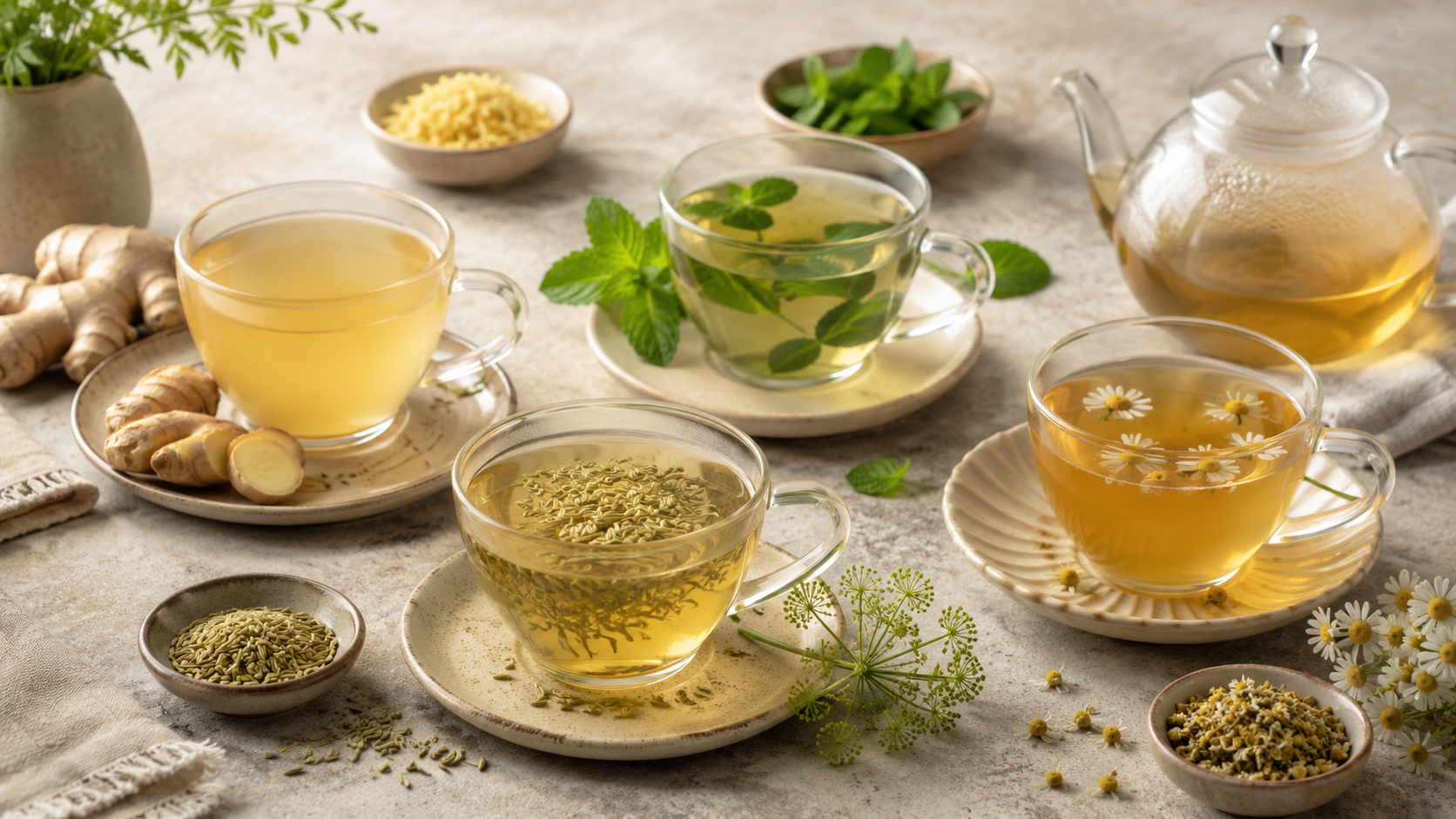 Assorted herbal teas with ginger, mint, chamomile, and fennel on a table with fresh ingredients.