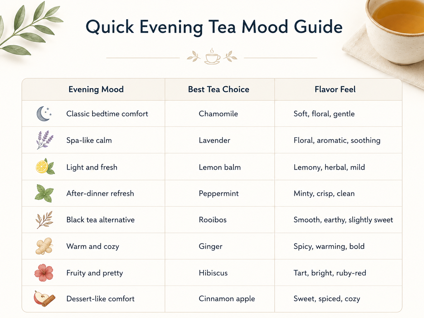 Quick Evening Tea Mood Guide with tea choices and flavor descriptions.