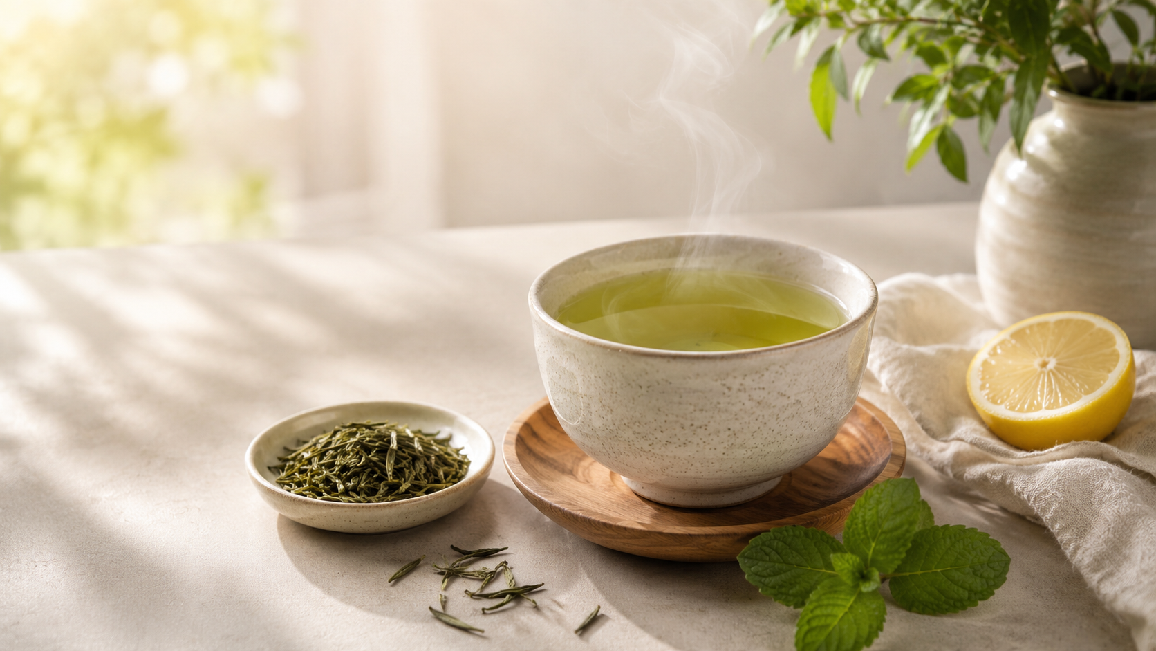 Steaming cup of green tea with loose leaves, lemon slice, and mint on a sunlit table.