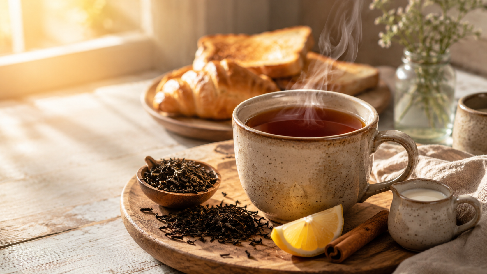 Steaming cup of tea with lemon, loose tea leaves, and breakfast pastries by a sunny window.