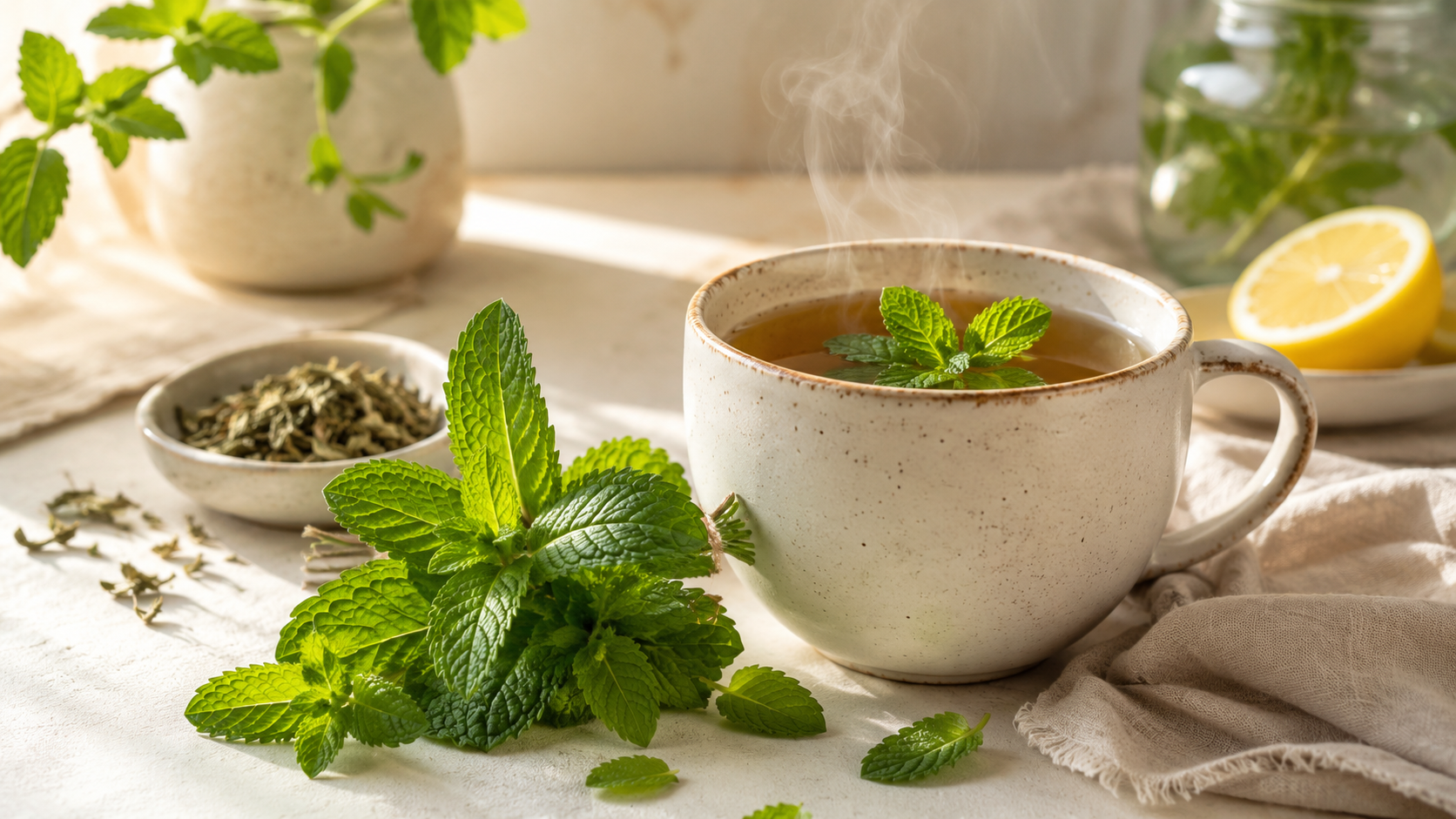 Steaming cup of herbal tea with fresh mint leaves, dried herbs, and lemon slices on a table.