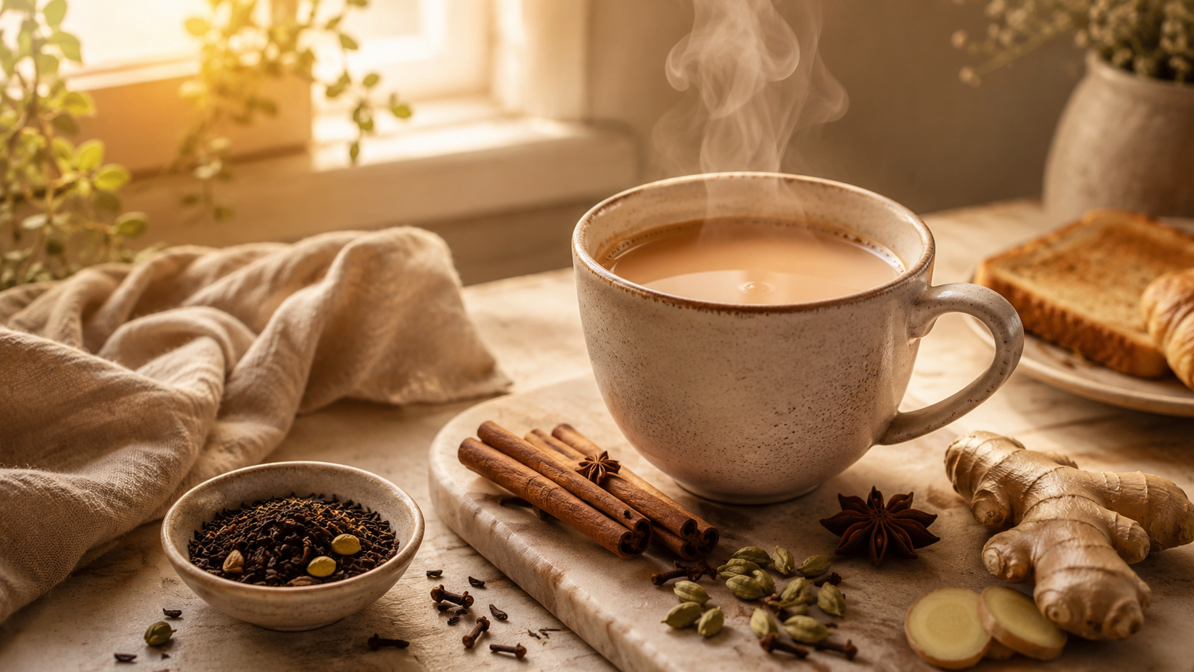 Steaming cup of chai with spices, ginger, and toast by a sunlit window.