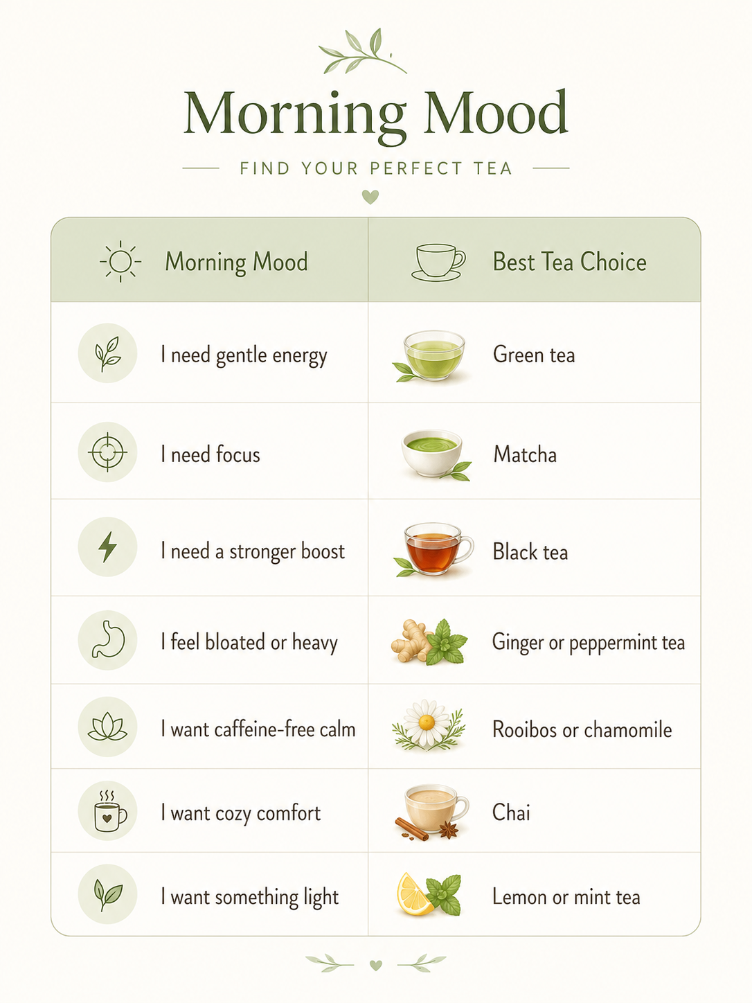Morning Mood tea chart with moods and matching teas: green, matcha, black, ginger/peppermint, rooibos/chamomile, chai, lem...