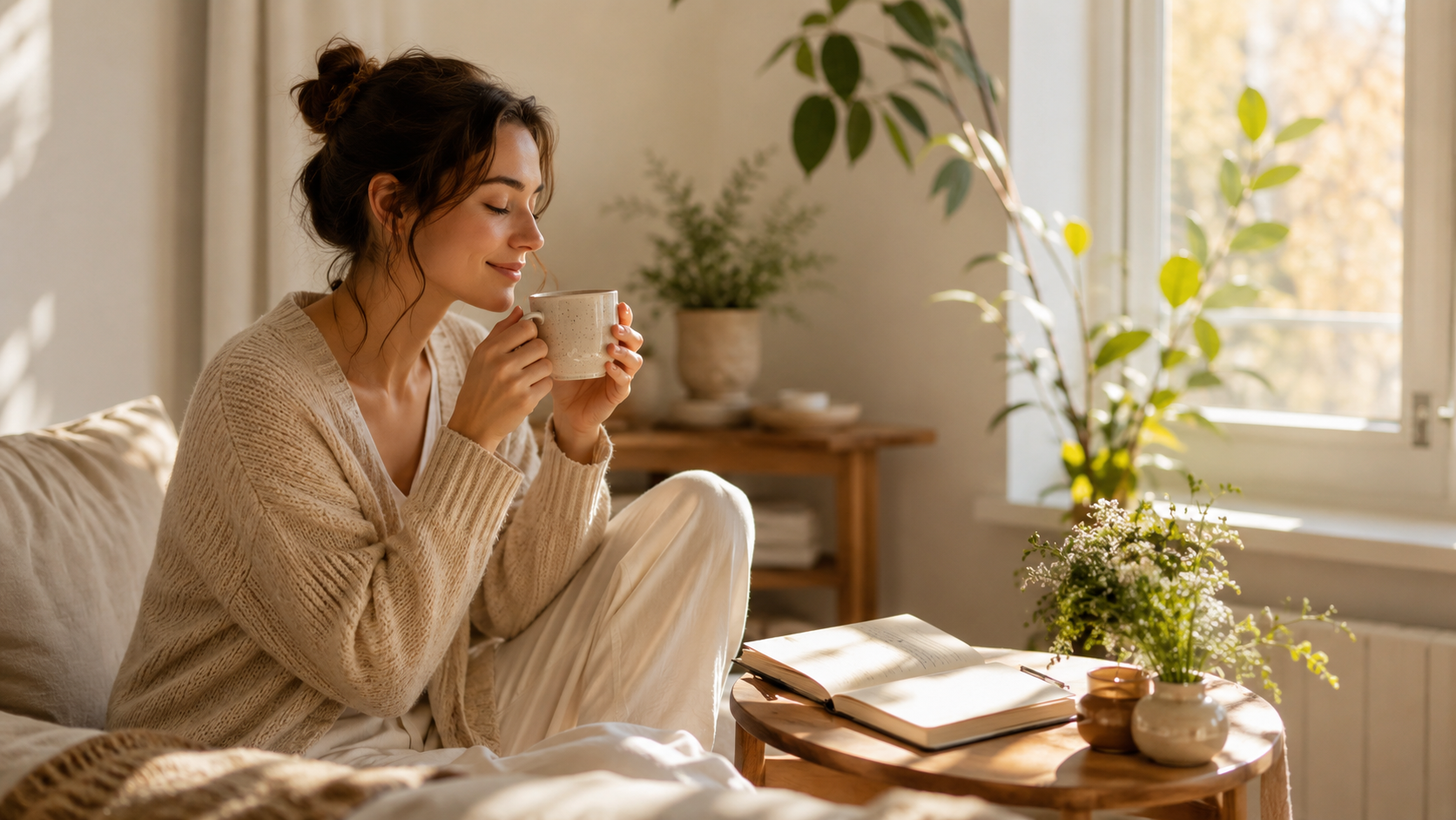 Woman enjoying tea on a cozy sofa, surrounded by plants and an open book.