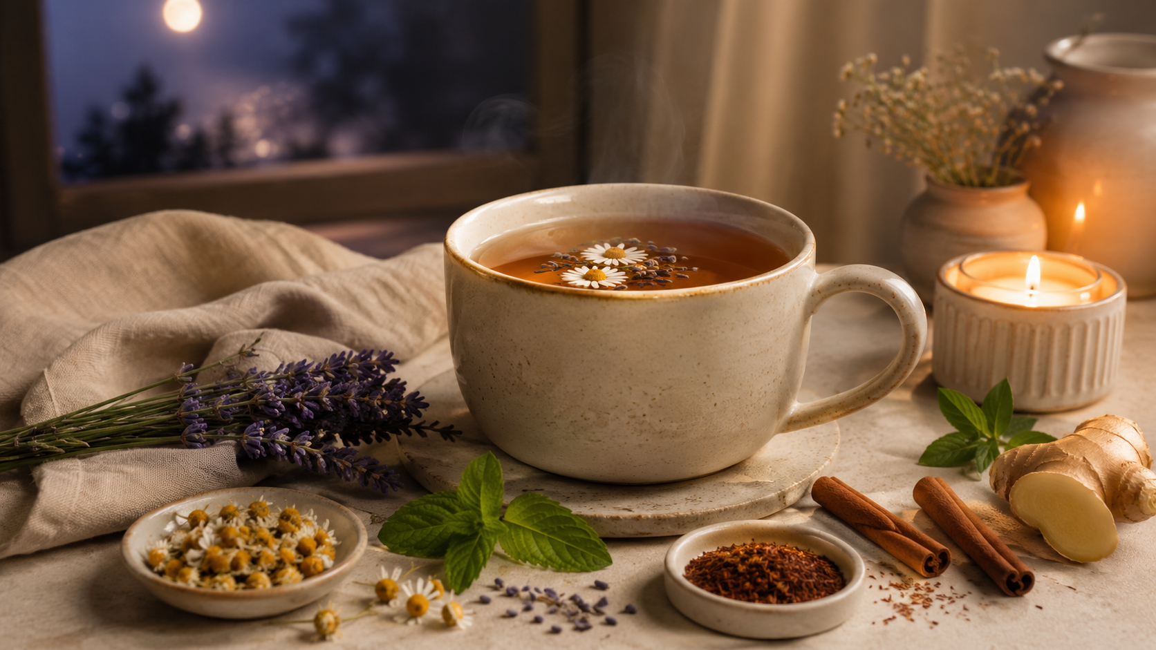 Steaming chamomile tea with lavender, cinnamon, ginger, and mint on a cozy table setting.