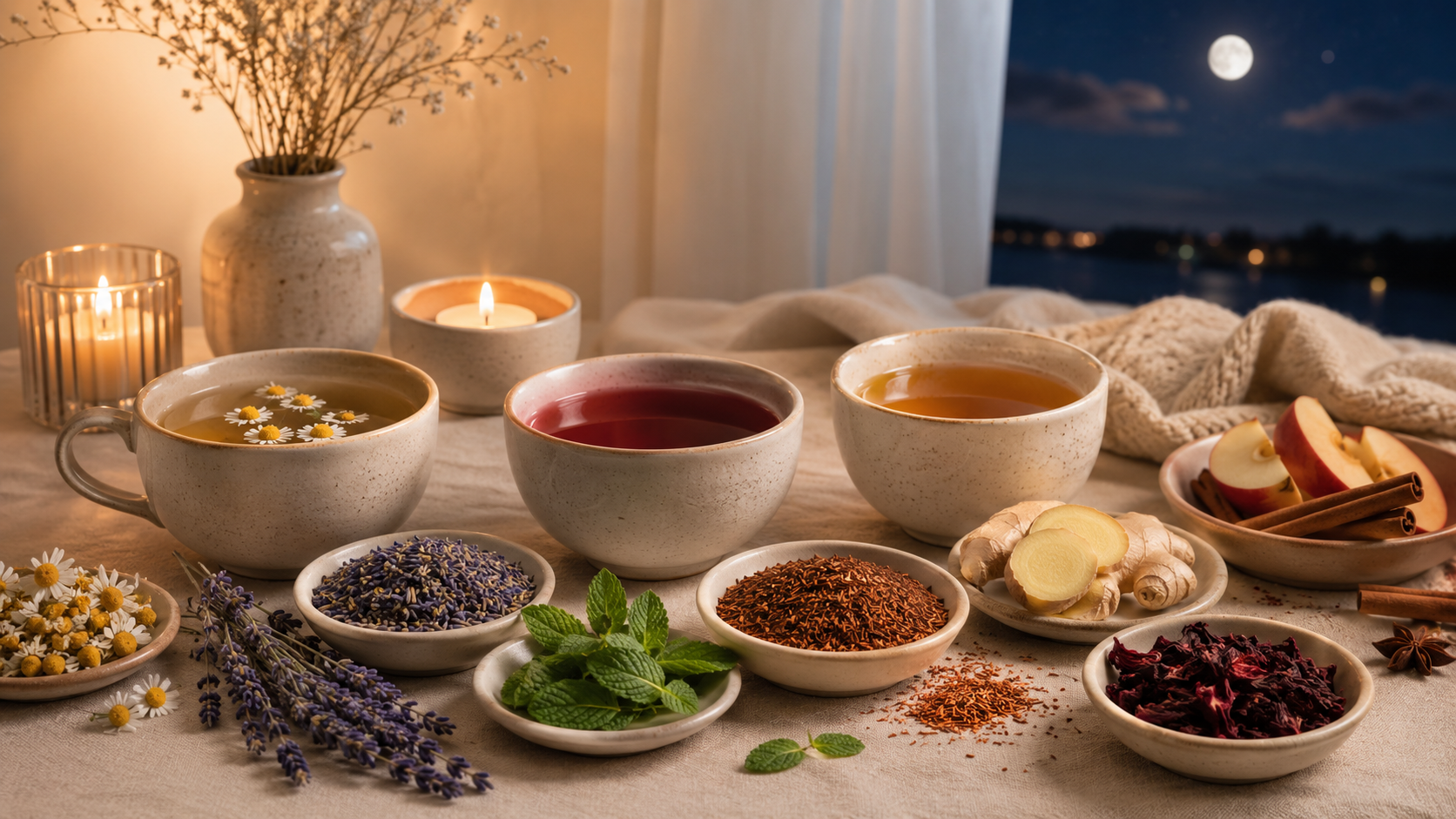Three cups of herbal tea with chamomile, lavender, mint, ginger, and hibiscus, lit by candlelight, moonlit night.