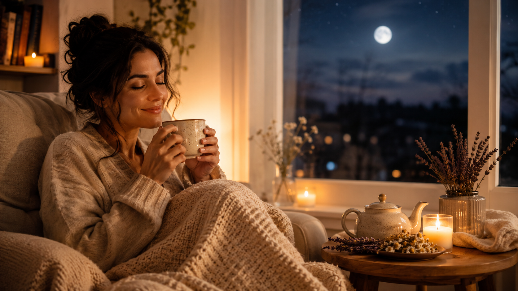 Woman enjoying tea in cozy room with candles and moonlit window.