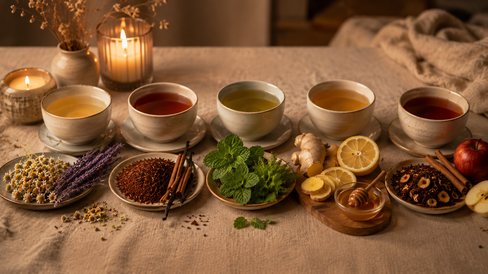 Assorted herbal teas with ingredients like chamomile, lavender, rooibos, mint, ginger, honey, and apple.