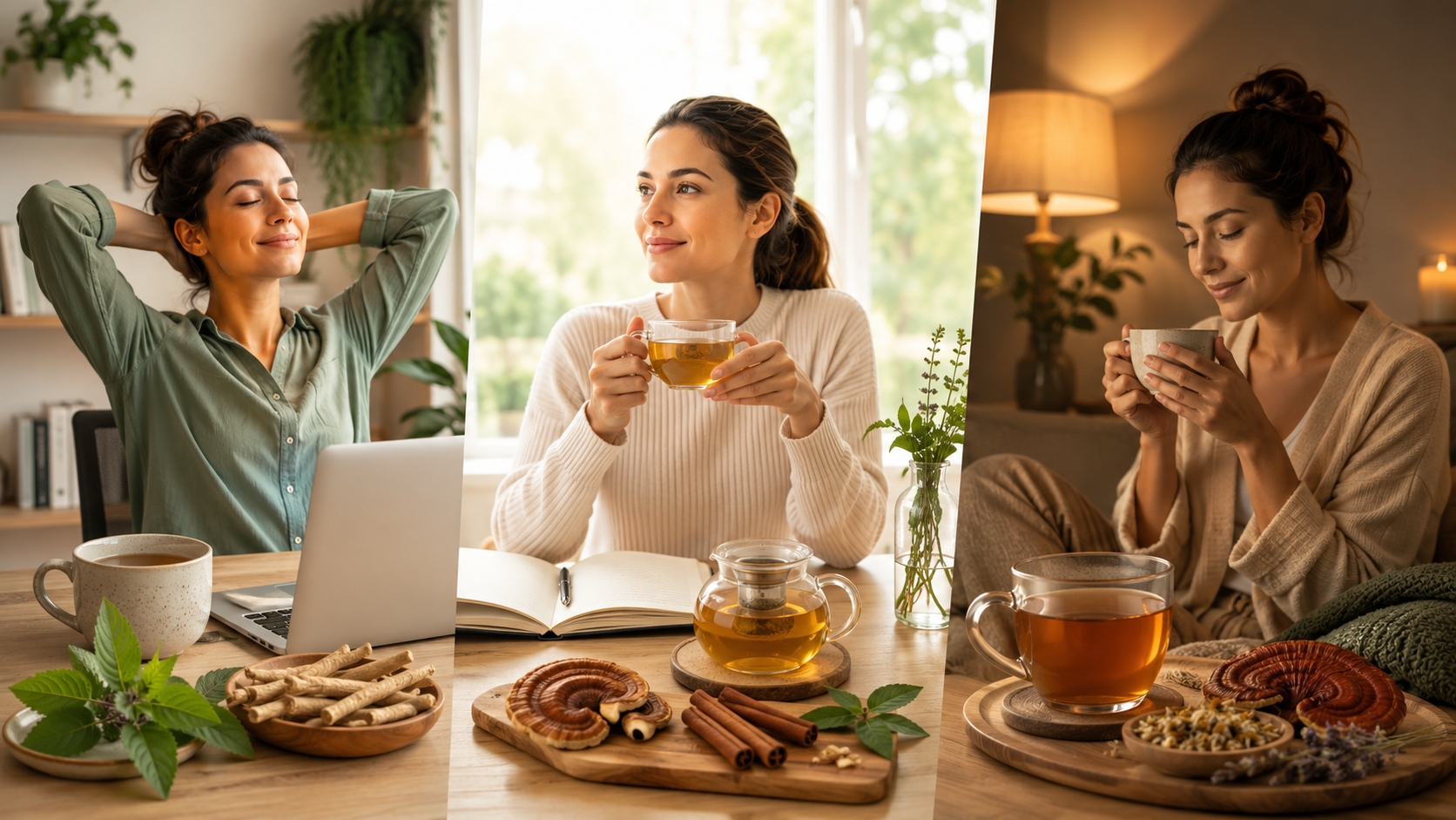 Woman enjoying herbal tea in cozy settings with natural ingredients like cinnamon and ginger displayed.