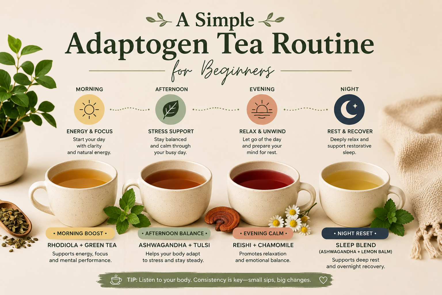 Adaptogen tea routine infographic with morning, afternoon, evening, and night tea suggestions.