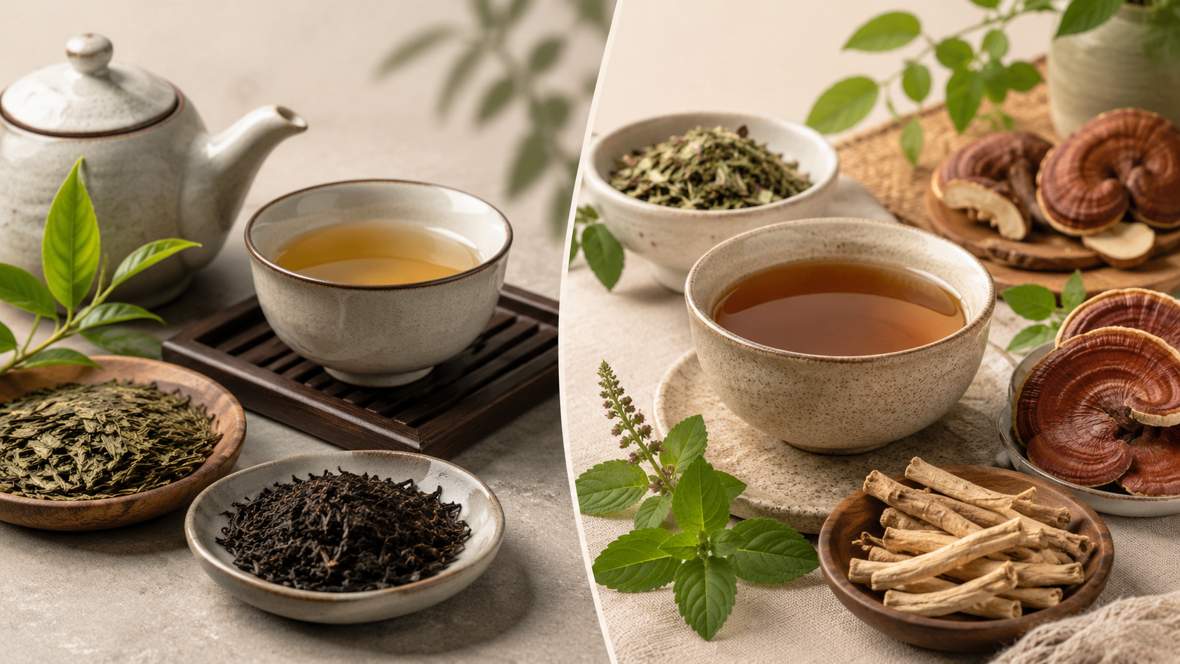 Two cups of herbal tea with loose leaves, herbs, and mushrooms on a table.