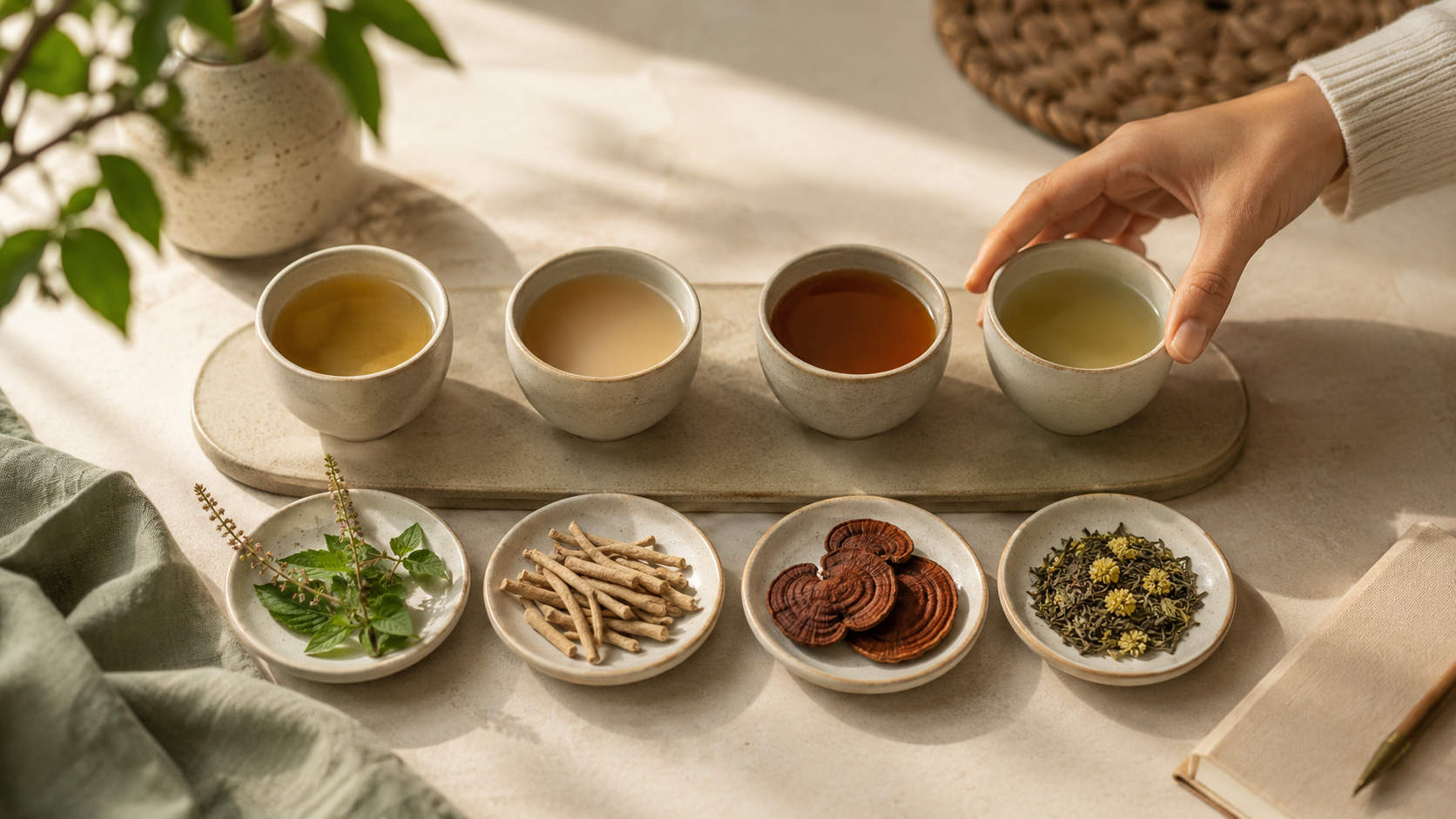 Hand reaching for a cup of herbal tea with assorted herbs and roots on plates.