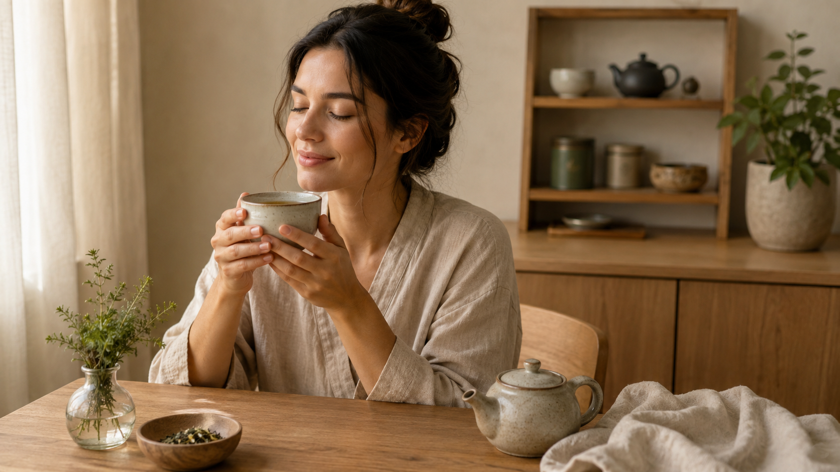Woman enjoying a cup of tea at a wooden table, with a teapot and herbs nearby.